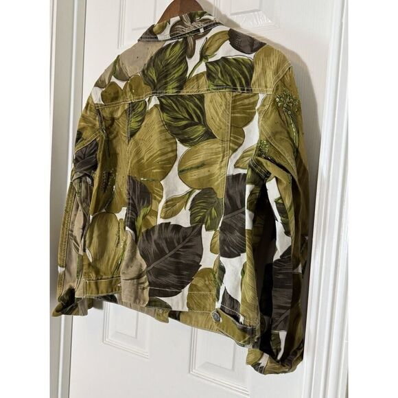 Chicos Design Tropical Leaf Button Down Jacket Blazer Size 2 Details Green Olive - Picture 3 of 9